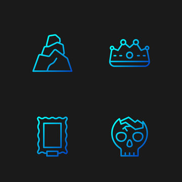 Set line Broken human skull, Picture, Rock stones and King crown. Gradient color icons. Vector