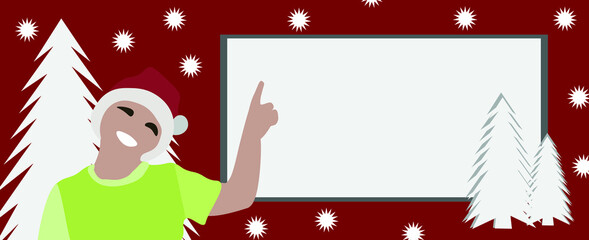 A child boy points to an advertising banner with a place for text, on a red background with Christmas trees and snowflakes. Christmas or New Year background. Illustration in flat style