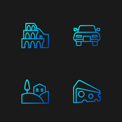 Set line Cheese, Village landscape, Coliseum in Rome and Car. Gradient color icons. Vector