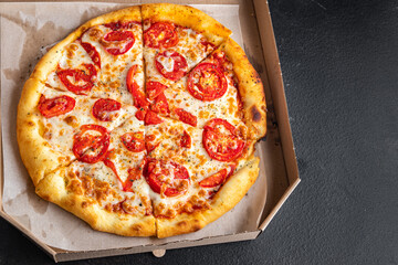 pizza margarita vegetarian food tomato, cheese, mozzarella fast food ready to eat meal snack on the table copy space food background 
