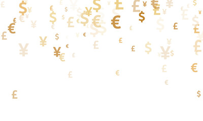 Euro dollar pound yen gold icons scatter money vector illustration. Business backdrop. Currency
