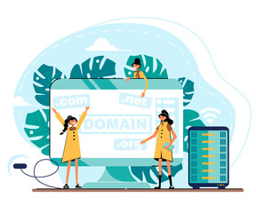 Domain registration and name with a web domain icon and hosting on website creation. Pretty women. Creative landing page design template.Modern flat vector illustration design concepts.