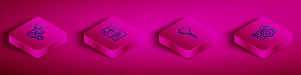 Set Isometric line Gender, Greeting card, Balloons form of heart and Photo camera icon. Vector