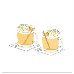 simple vector illustrations of 2 hot drinks on table with slice of lemons and cinnamon sticks in cup. Drinks for dinner, night, date, couple at bar and cafe. Graphic element for menu, sign, email, ad 