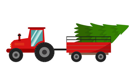 A red tractor carries a Christmas tree. Christmas tree. Christmas concept. Vector graphics in flat style