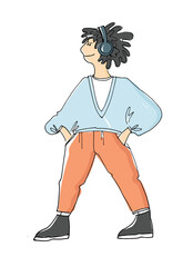 Young teenage girl standing headphones with hands in pockets. Colorful vector illustartion isolated on white background