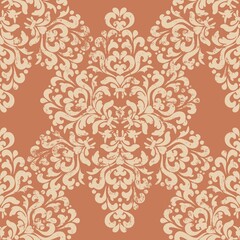 Seamless vintage distressed background. Oriental damask ornament with grunge and scuffs. Pink and beige. Vintage pattern for fabric, wallpaper and packaging.