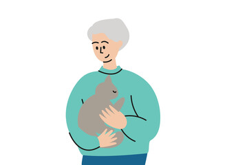 A gray-haired elderly man is holding a cat. A pet cat in his arms. My favorite pet, Grandfather. Vector flat illustration drawn by hand. Vector illustration