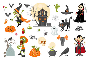Halloween clipart collection, cartoon style. Vector stock illustration. Isolated on a white background.