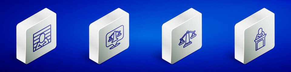 Set Isometric line Prisoner, Scales of justice, and Judge icon. Vector