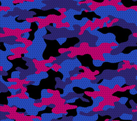 Fototapeta na wymiar Camouflage purple pattern, pink, black spots vector illustration, modern background. Pattern repeat.