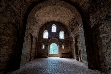 Fototapeta premium San Juan de la Peña, Aragon September 7, 2021, interior view n of the monastery of San Juan de la Peña, a Romanesque work in Huesca.