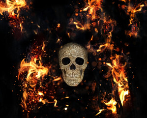 human skull and fire flames on abstract black background. magical esoteric ritual. Mysticism,...