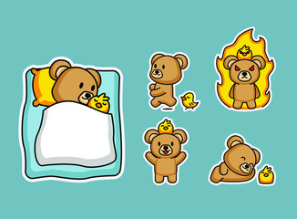 Set of cute teddy bear and chicks sticker