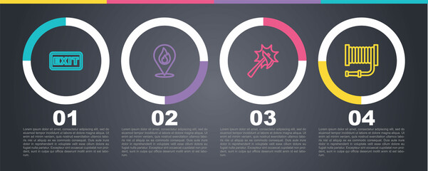 Set line Fire exit, Location with fire flame, Firefighter axe and hose reel. Business infographic template. Vector