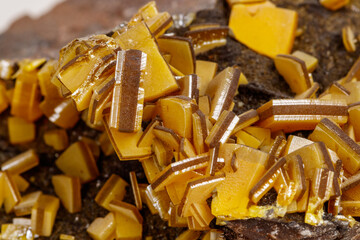 Macro mineral stone yellow Wulfenite on a white background