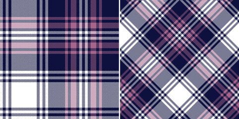 Tartan plaid pattern in navy blue, pink, white. Seamless herringbone textured large check plaid vector for flannel shirt, blanket, duvet cover, other modern spring autumn winter fashion textile print. - obrazy, fototapety, plakaty