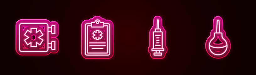 Set line Medical symbol of the Emergency, Clinical record, Syringe and Enema. Glowing neon icon. Vector