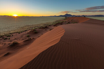 Fototapeta na wymiar Sunrise at sand dune in the Namib Desert