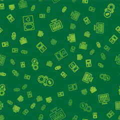 Set line Deck of playing cards, Casino chips exchange on money and Online slot machine with jackpot on seamless pattern. Vector