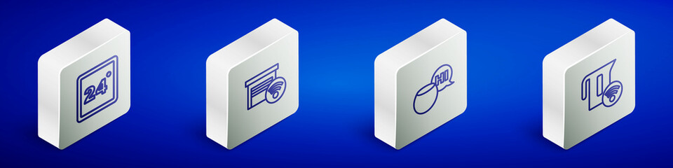 Set Isometric line Thermostat, Smart garage, Voice assistant and electric kettle icon. Vector