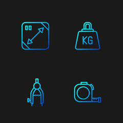 Obraz premium Set line Roulette construction, Drawing compass, Diagonal measuring and Weight. Gradient color icons. Vector