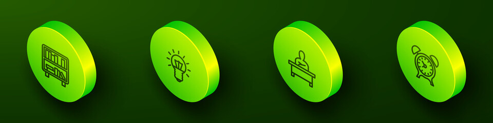 Set Isometric line Shelf with books, Light bulb, Schoolboy sitting at desk and Alarm clock icon. Vector