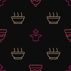 Set line Winter hat, Bowl of hot soup and Scarecrow on seamless pattern. Vector