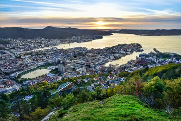 view from the top of Floyen on Bergen in norway, beautiful sunset