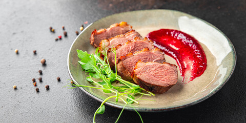 duck breast meat and garnish poultry second course fresh meal snack on the table copy space food background