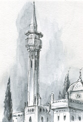 minaret mosque on the street graphic sketch  - 459753596