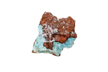 Macro mineral aurichalcite stone on microcline on white background