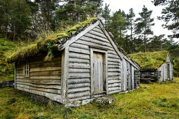 old Norwegian houses, grass and moss on the roof
