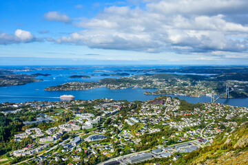 Norwegian sea and town, view from the top of Lyderhorn in Norway.
