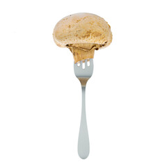 Fresh champignon mushrooms on fork, 3D rendering