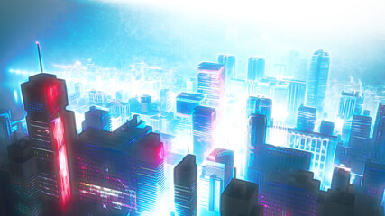 Panorama of a large modern night city from a bird's eye view, in the style of cyberpunk