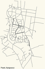Detailed navigation urban street roads map on vintage beige background of the quarter Piaski district of the Polish regional capital city of Bydgoszcz, Poland
