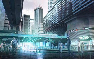 Street of a modern city, with a club entrance, a lot of people traffic