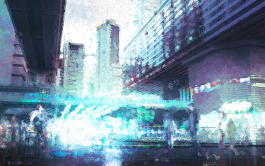 Street of a modern city, with a club entrance, a lot of people traffic