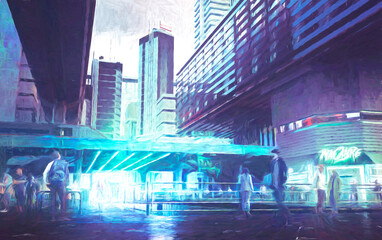 Street of a modern city, with a club entrance, a lot of people traffic