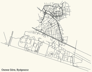 Detailed navigation urban street roads map on vintage beige background of the quarter Osowa Góra district of the Polish regional capital city of Bydgoszcz, Poland