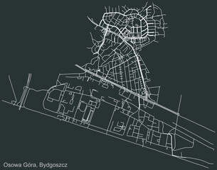 Detailed negative navigation urban street roads map on dark gray background of the quarter Osowa Góra district of the Polish regional capital city of Bydgoszcz, Poland