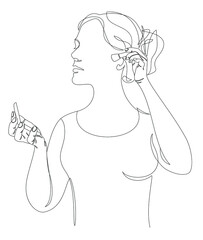 Silhouette of a lady. A woman does makeup, paints a blush in a modern style with one continuous line. Sketches for decor, posters, stickers, logo. Vector illustration.