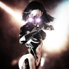 beautiful, strong and fierce female cyborg with mask and soft focus background 