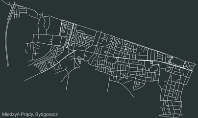 Detailed negative navigation urban street roads map on dark gray background of the quarter Miedzyń–Prądy district of the Polish regional capital city of Bydgoszcz, Poland