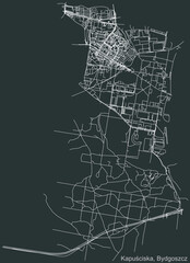 Detailed negative navigation urban street roads map on dark gray background of the quarter Kapuściska district of the Polish regional capital city of Bydgoszcz, Poland