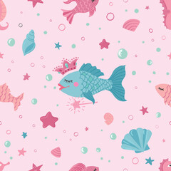Seamless pattern. Cute fishes on a pink background.