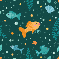 Seamless pattern. Magic fish on a dark green background.