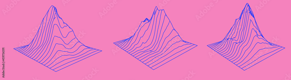 Aufkleber Set of a glitched and distorted 3d models. Abstract vector elements with wireframe grid.