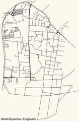 Detailed navigation urban street roads map on vintage beige background of the quarter Glinki-Rupienica district of the Polish regional capital city of Bydgoszcz, Poland